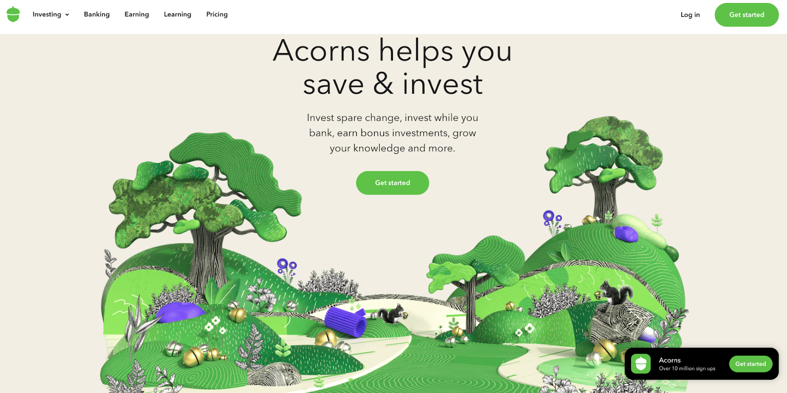 The image shows a series of complex graphics of squirrels burying acorns around a lush landscape of grass and trees. These convey Acorn’s concept of growing small investments into something more significant. The company states that they help you save, invest, earn bonus investments, and grow your knowledge.