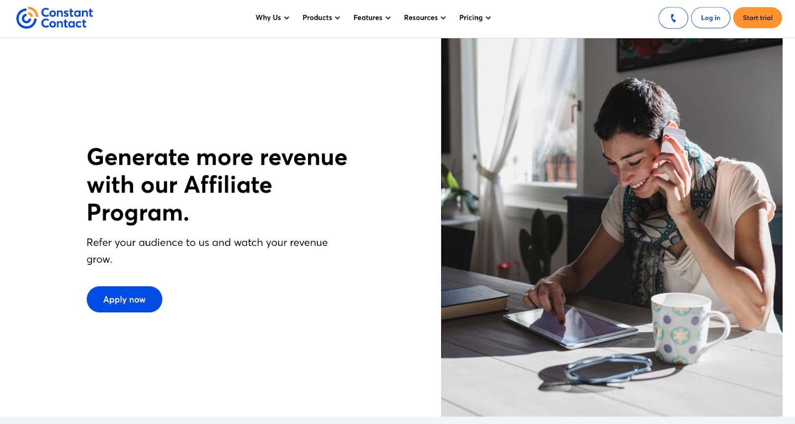 The image displays Constant Contact and its affiliate program application. The webpage is relatively blank, with a woman smiling as she uses a tablet next to a mug of coffee.
