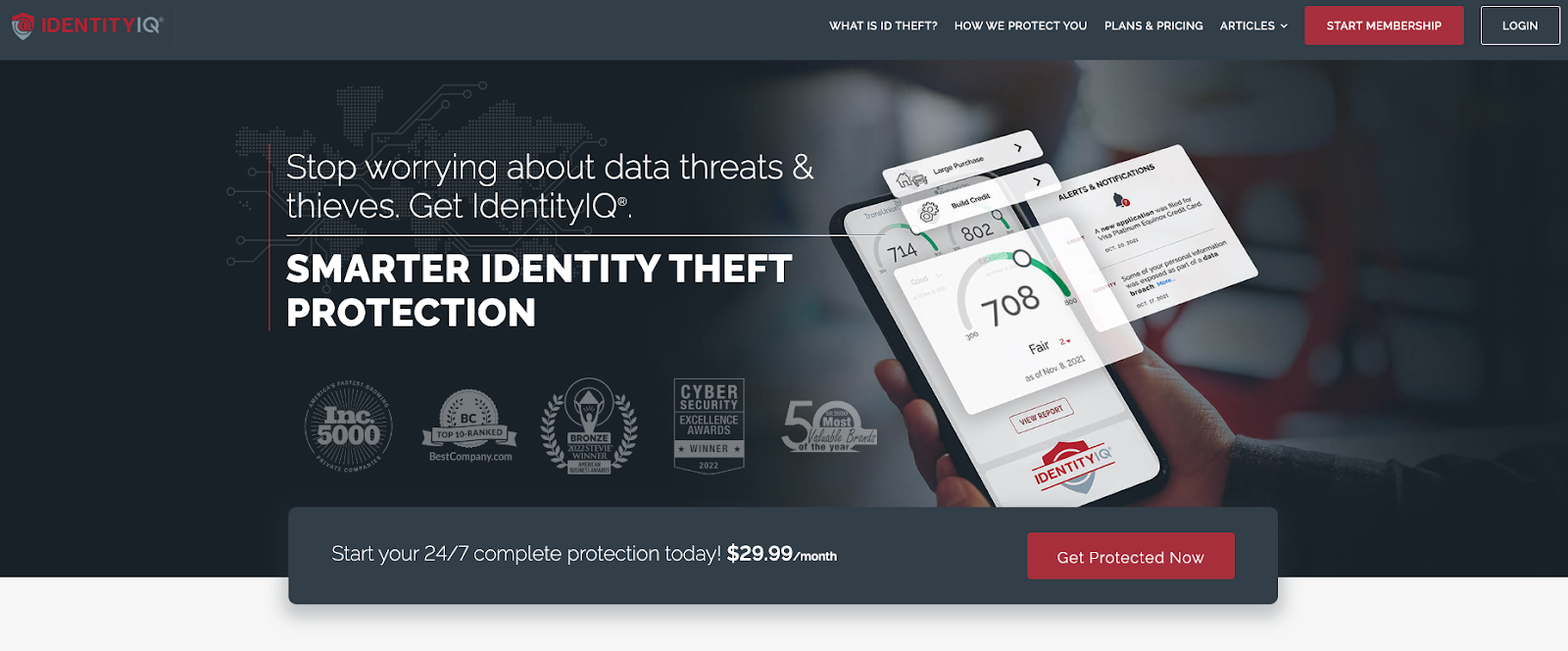 The image displays IdentityIQ’s homepage with pictures of a phone showing a credit report. The website states they offer smarter identity theft protection.