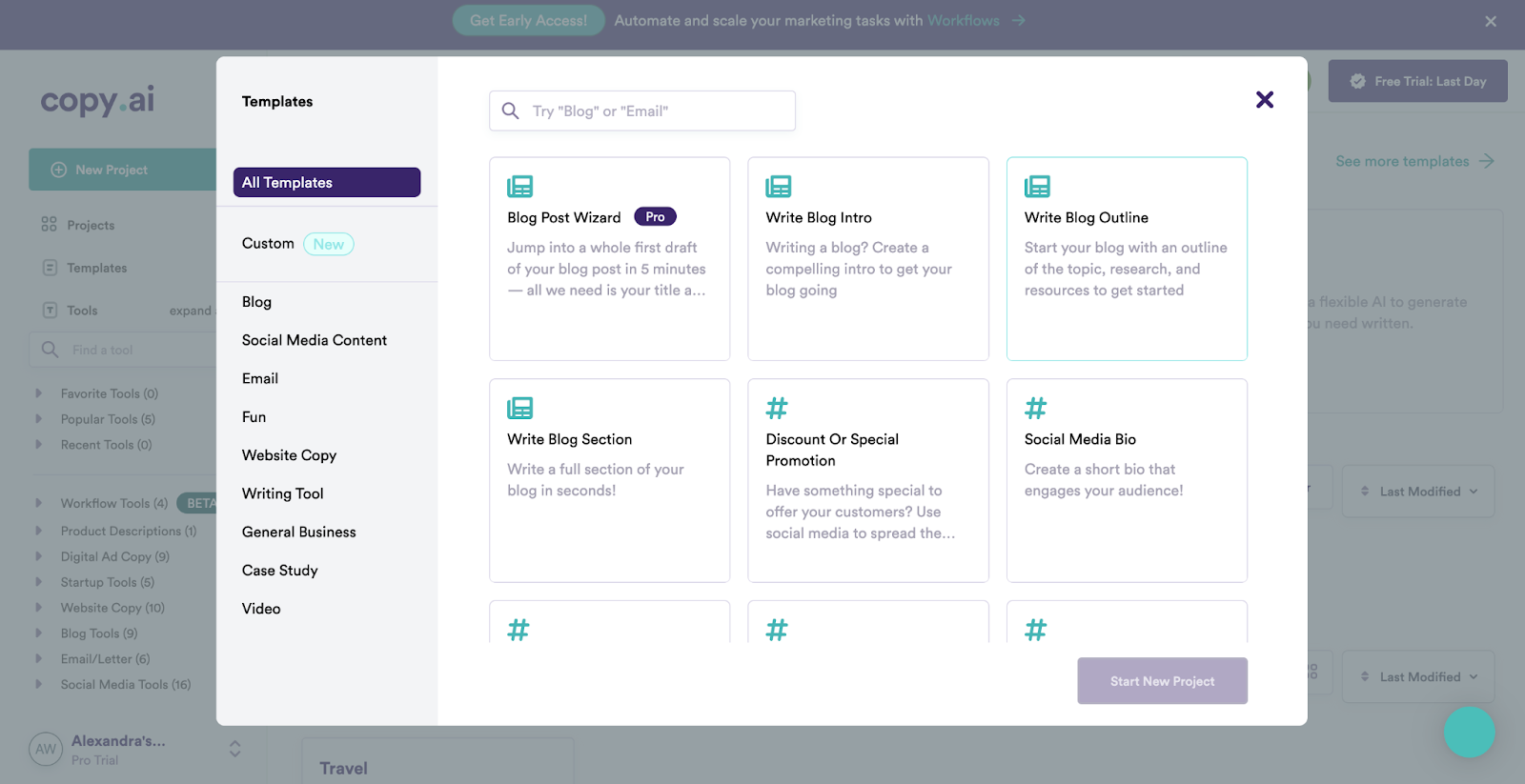 A screenshot of the Copy.ai dashboard featuring available content templates