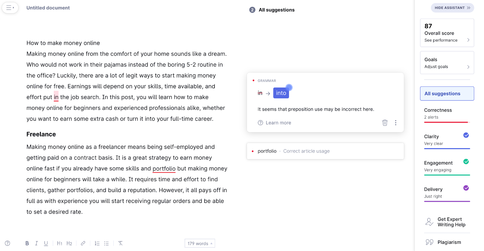 A screenshot of the Grammarly dashboard with content suggestions