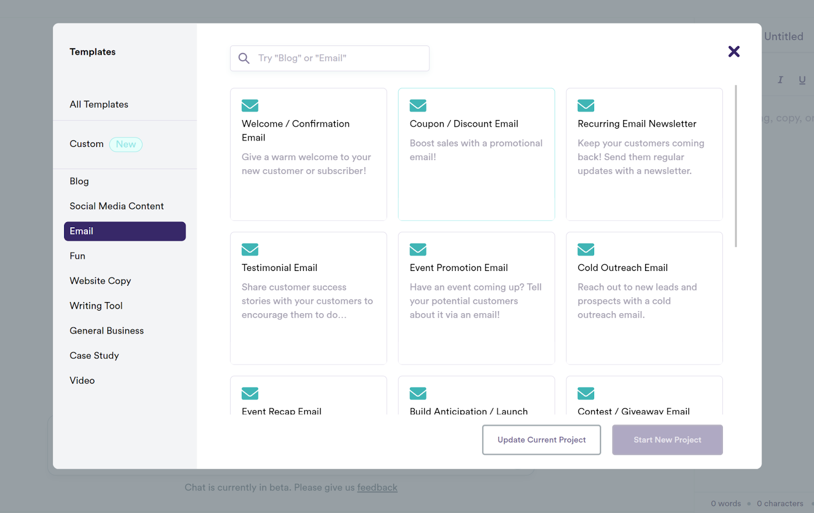 A screenshot featuring email templates from Copy.ai