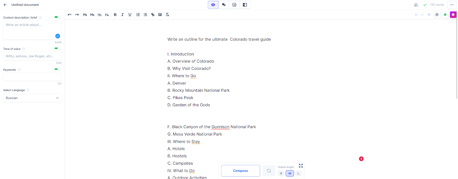   لقطة شاشة تعرض مخطط دليل سفر في كولورادو تم إنشاؤه بواسطة Jasper.ai