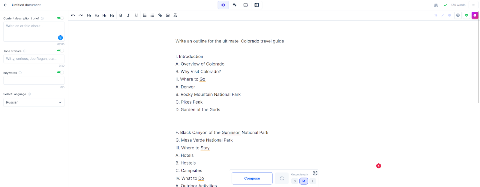 A screenshot featuring a Colorado travel guide outline created by Jasper.ai