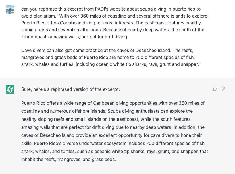 The image displays an example of ChatGPT rephrasing a body of text from PADI’s website about scuba diving in Puerto Rico.