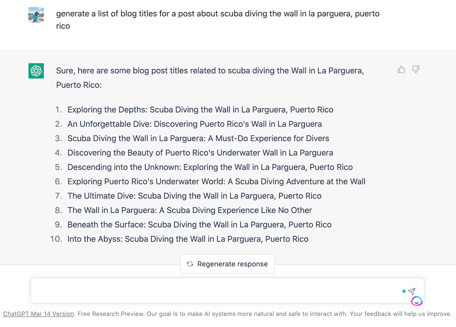 The image displays the ChatGPT interface where the author of this article asks the technology to produce a list of blog titles about scuba diving in La Parguera, Puerto Rico. Again, ChatGPT generates ten quality ideas for blog titles about the topic.