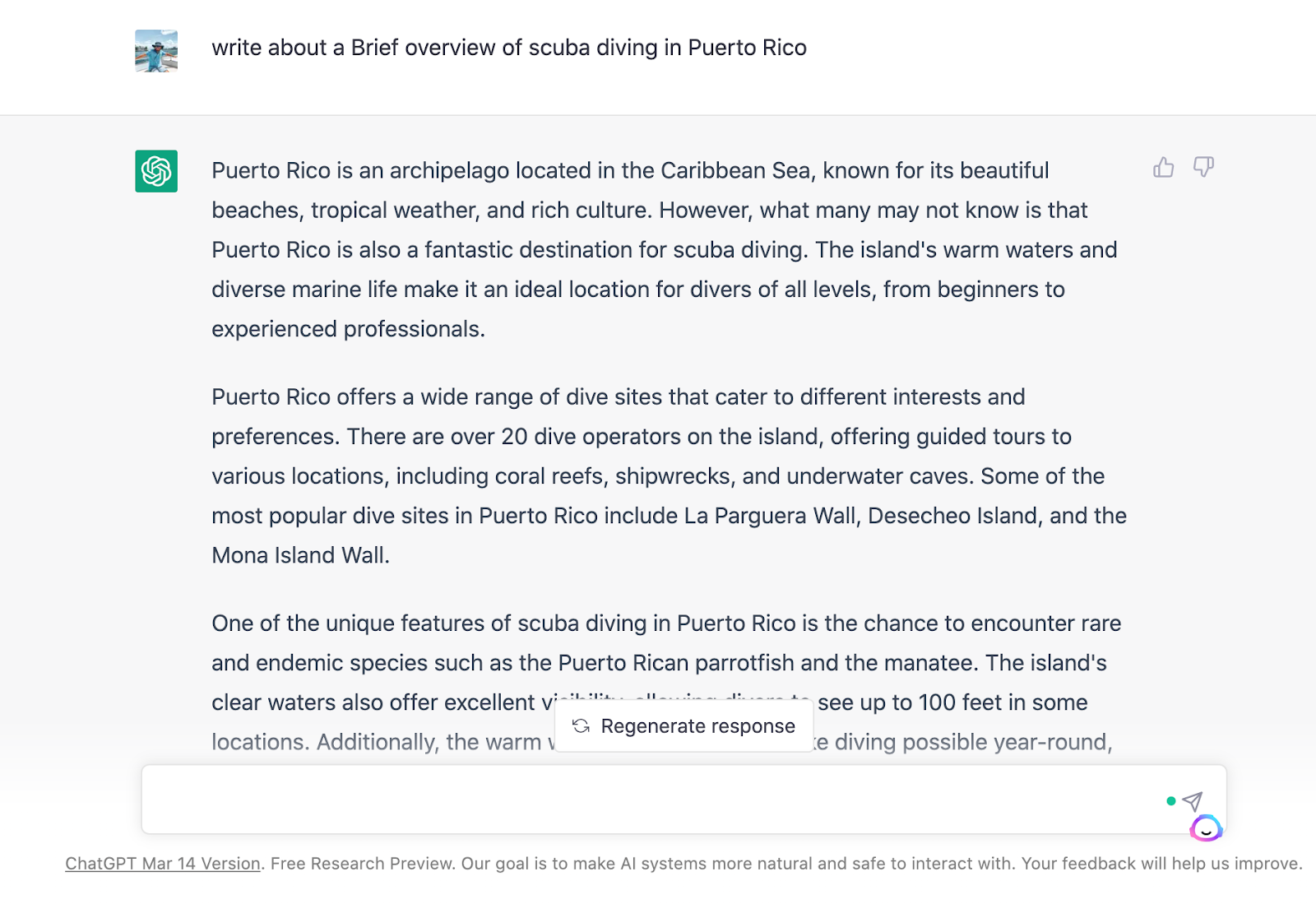 The image displays ChatGPT’s output for a brief overview of Scuba Diving in Puerto Rico. The response demonstrates the AI’s ability to produce long–form content with a simple prompt.