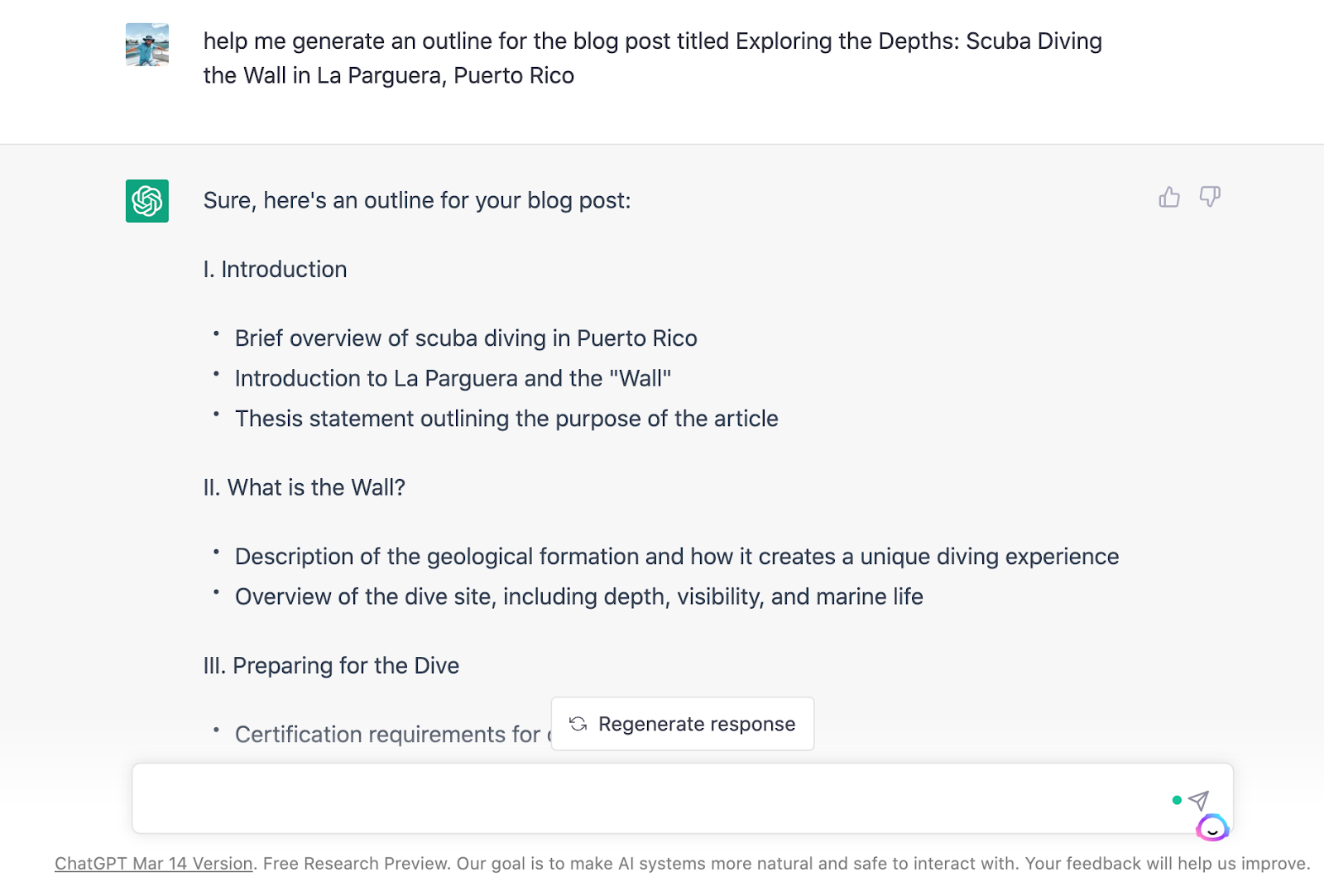 The image displays an example of ChatGPT generating an outline for a blog post. The technology produces points for an introduction and subheadings for an article about scuba diving in Puerto Rico.