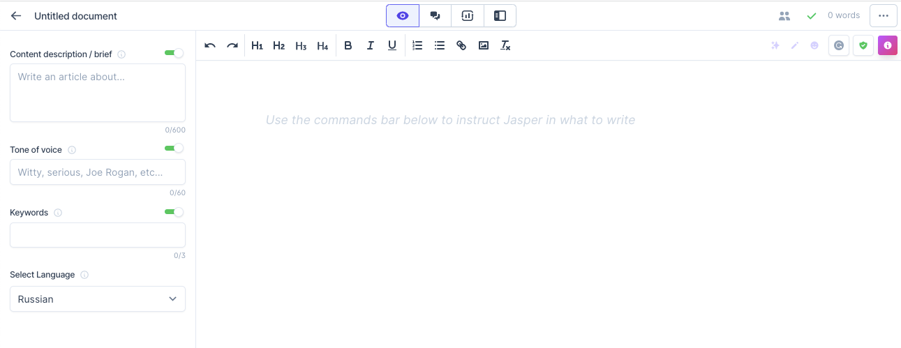 A screenshot of a blank document in Jasper AI.