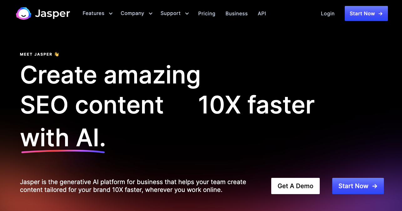 A screenshot of Jasper AI with the subheading “Create Amazing SEO Content 10x Faster with AI.