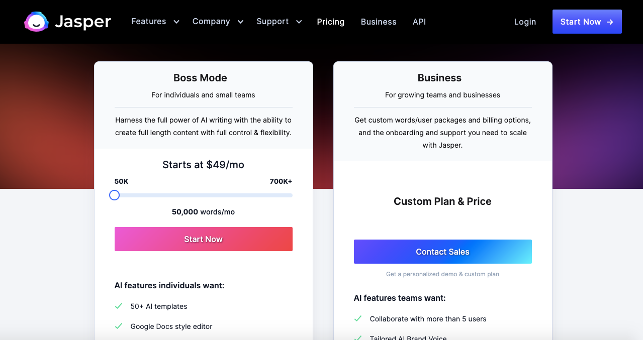 A screenshot of the Boss Mode and Business pricing plans for Jasper AI.