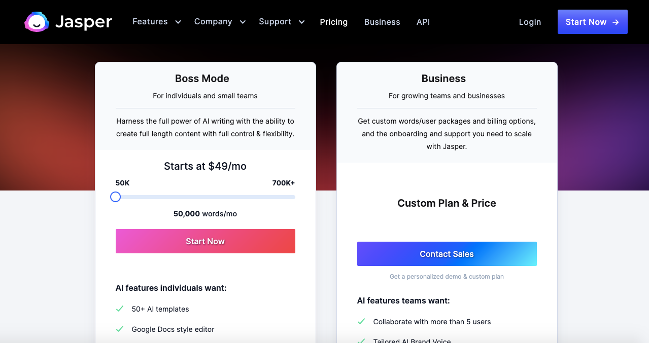 A screenshot of the Boss Mode and Business pricing plans for Jasper AI. 