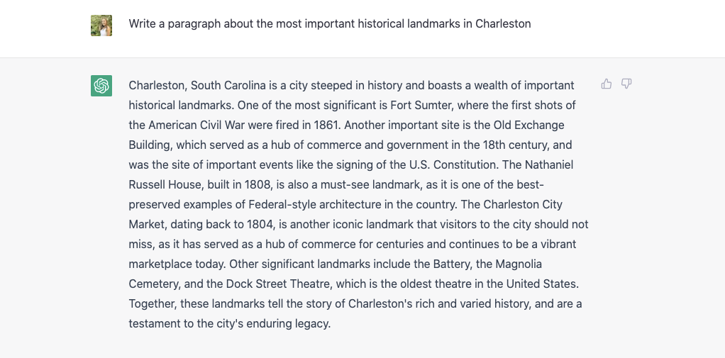 A screenshot of a paragraph generated by ChatGPT about the most important historical landmarks in Charleston.