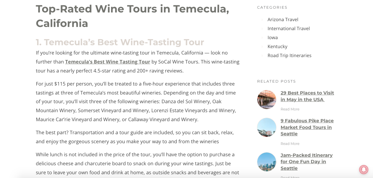 A screenshot of a blog post about the 10 Best Wineries in Temecula written by ChatGPT, Jasper AI, and Travel by Brit.