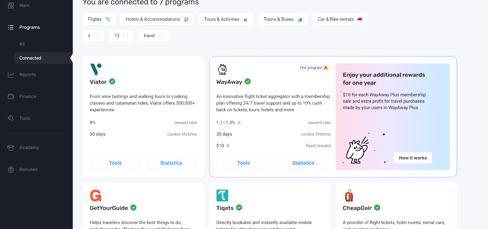 A screenshot of the Travelpayouts dashboard featuring several programs