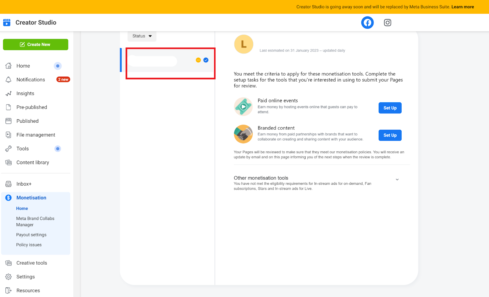 A screenshot of the Monetization tab in the Facebook Creator Studio that shows the status of a page