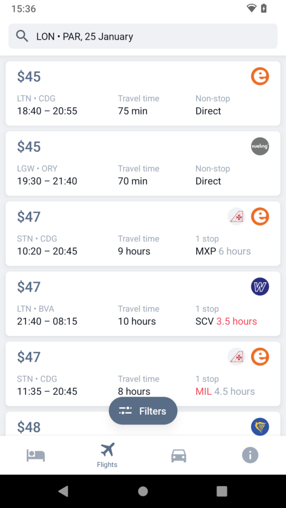 Direct flight widget Travel App