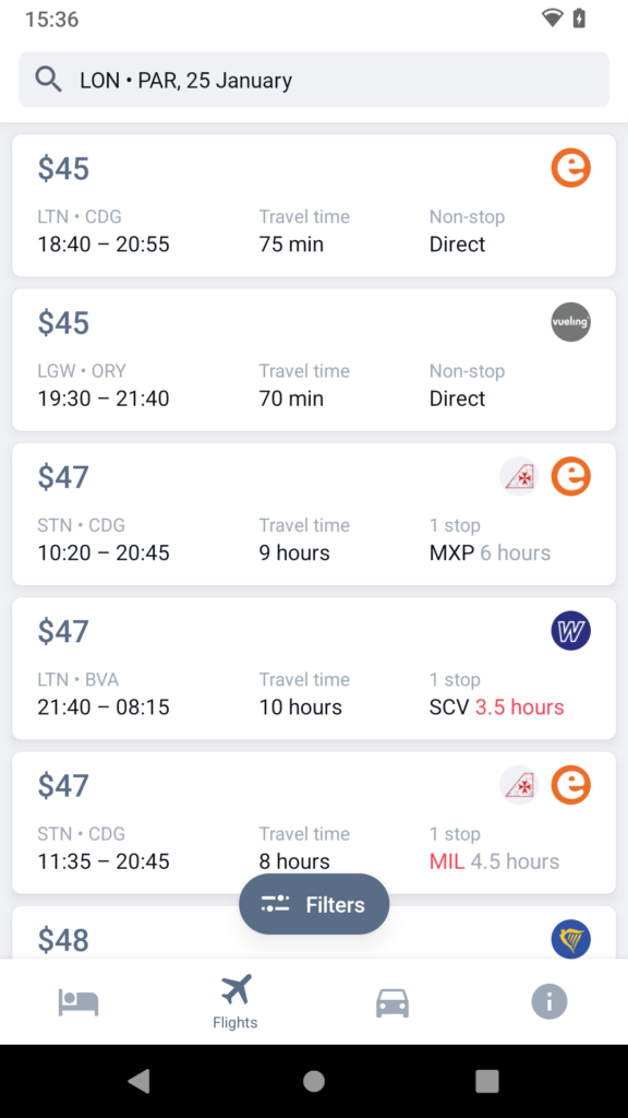 Screenshot of direct flight widget in Travel App for Android from Travelpayouts Direct flight widget Travel App