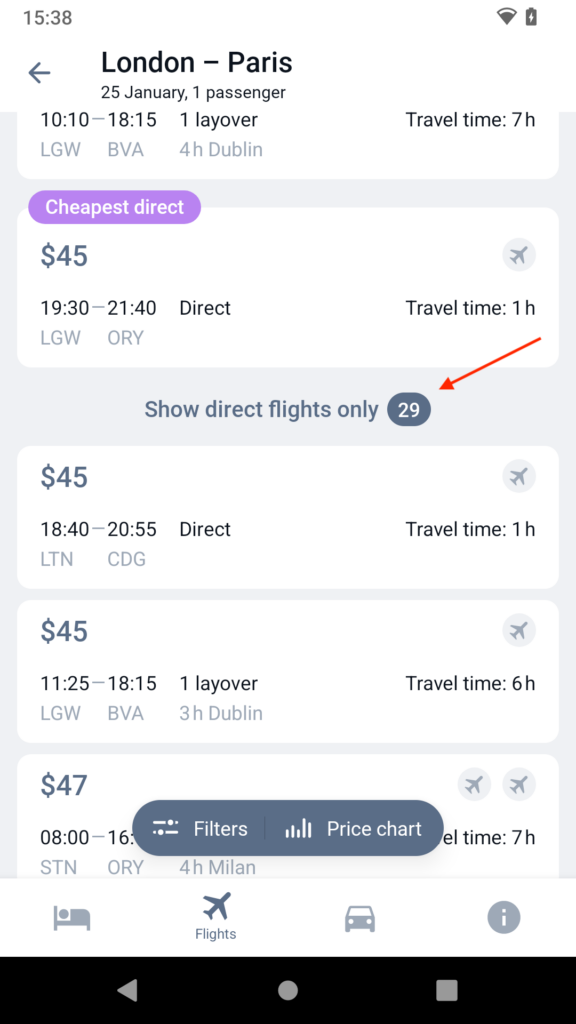 Screenshot of direct flight filter in Travel App for Android from Travelpayouts Direct flight filter Travel App