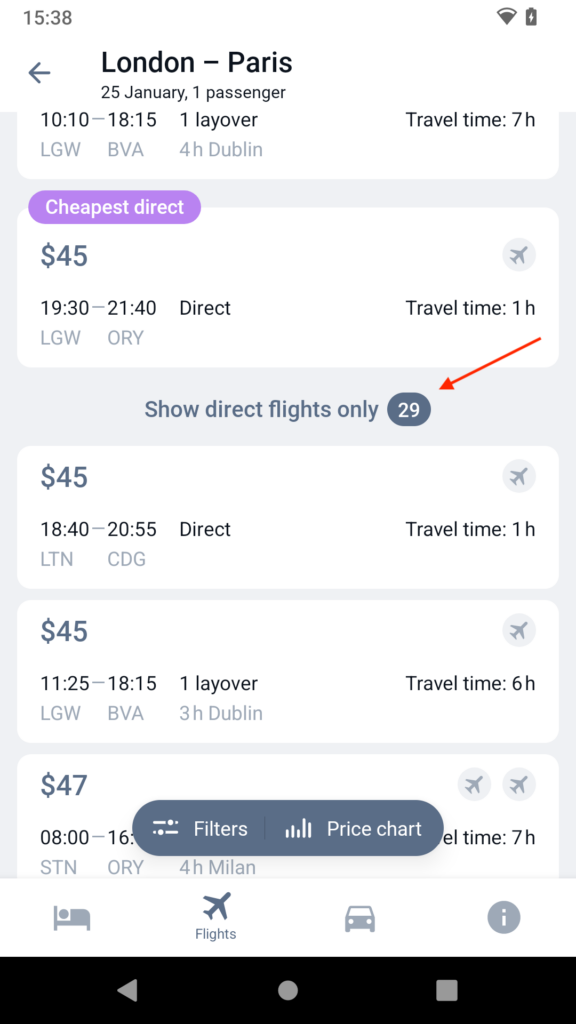 Direct flight filter Travel App