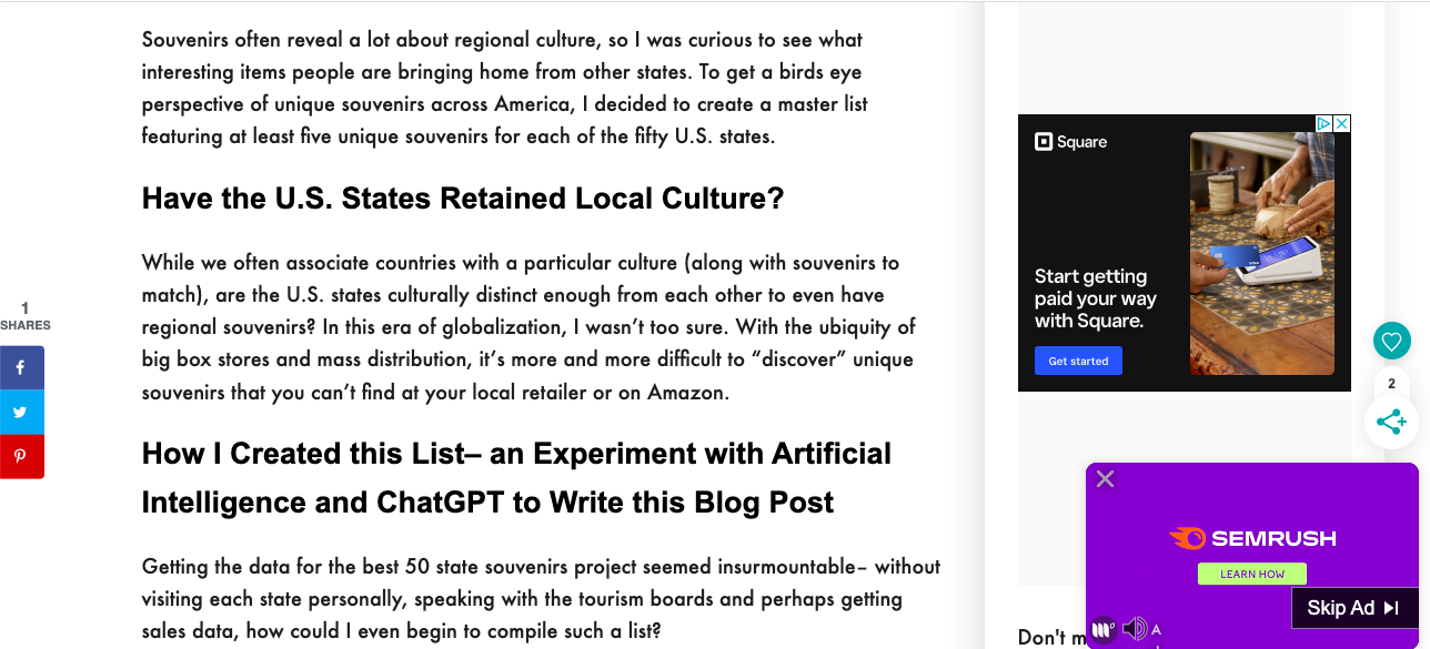 A screenshot of a blog post about the Top Souvenirs for All 50 U.S. States written by ChatGPT.