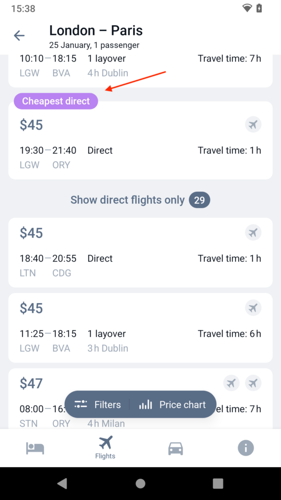 Screenshot of flights with Flights tags in the Travel App