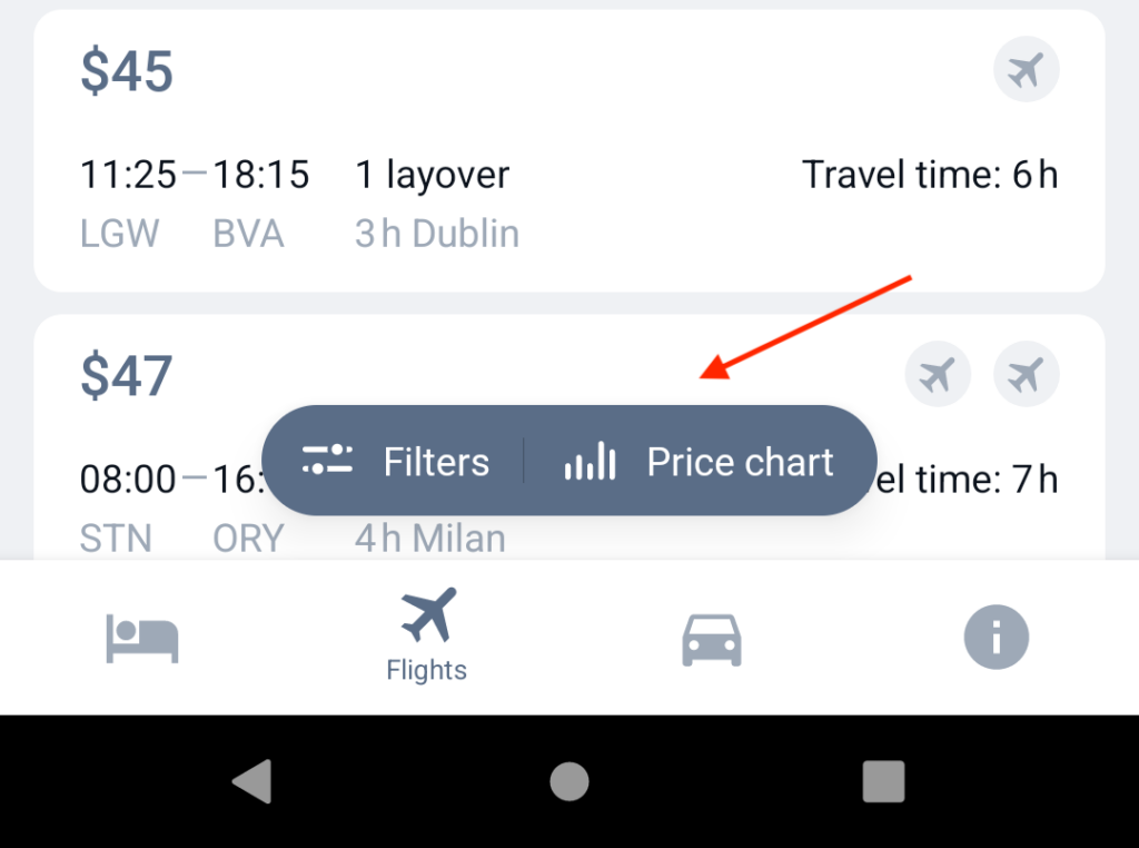 Screenshot of flight price chart in Travel App for Android from Travelpayouts Flight price chart in Travel App