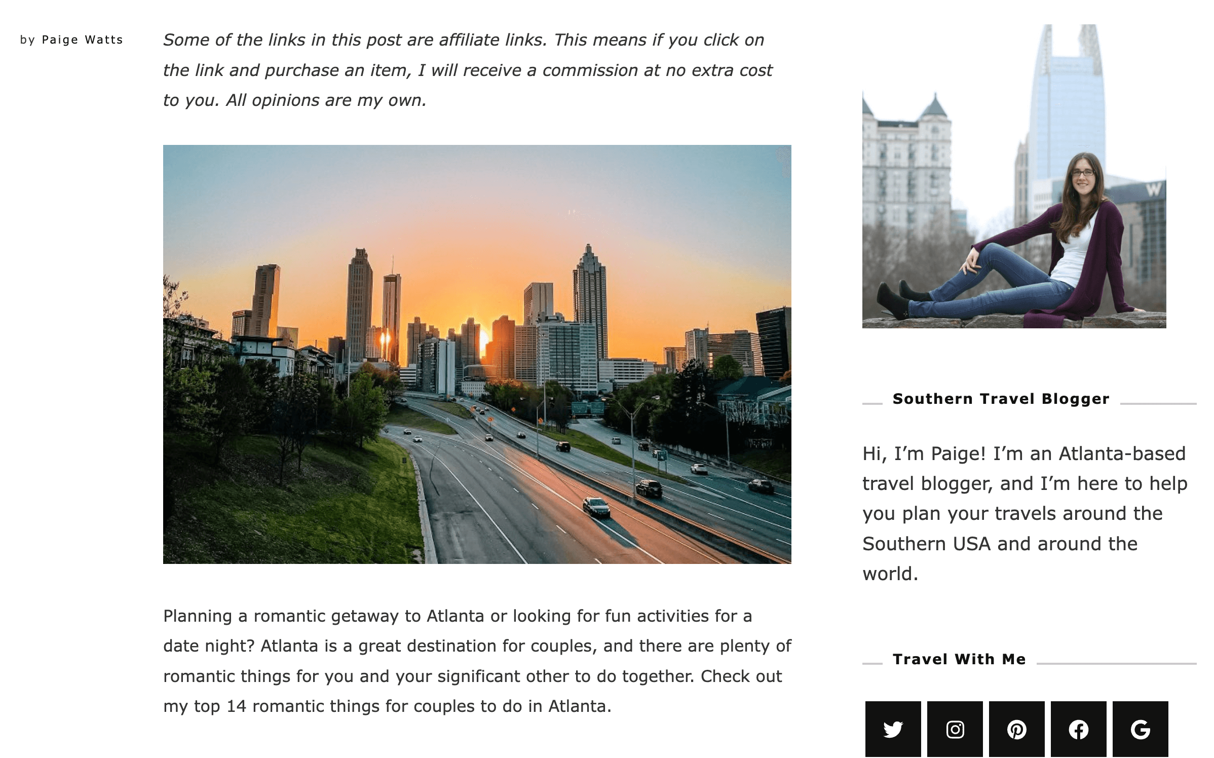 Screenshot of the page with article 14 Romantic Things To Do for Couples in Atlanta, Georgia