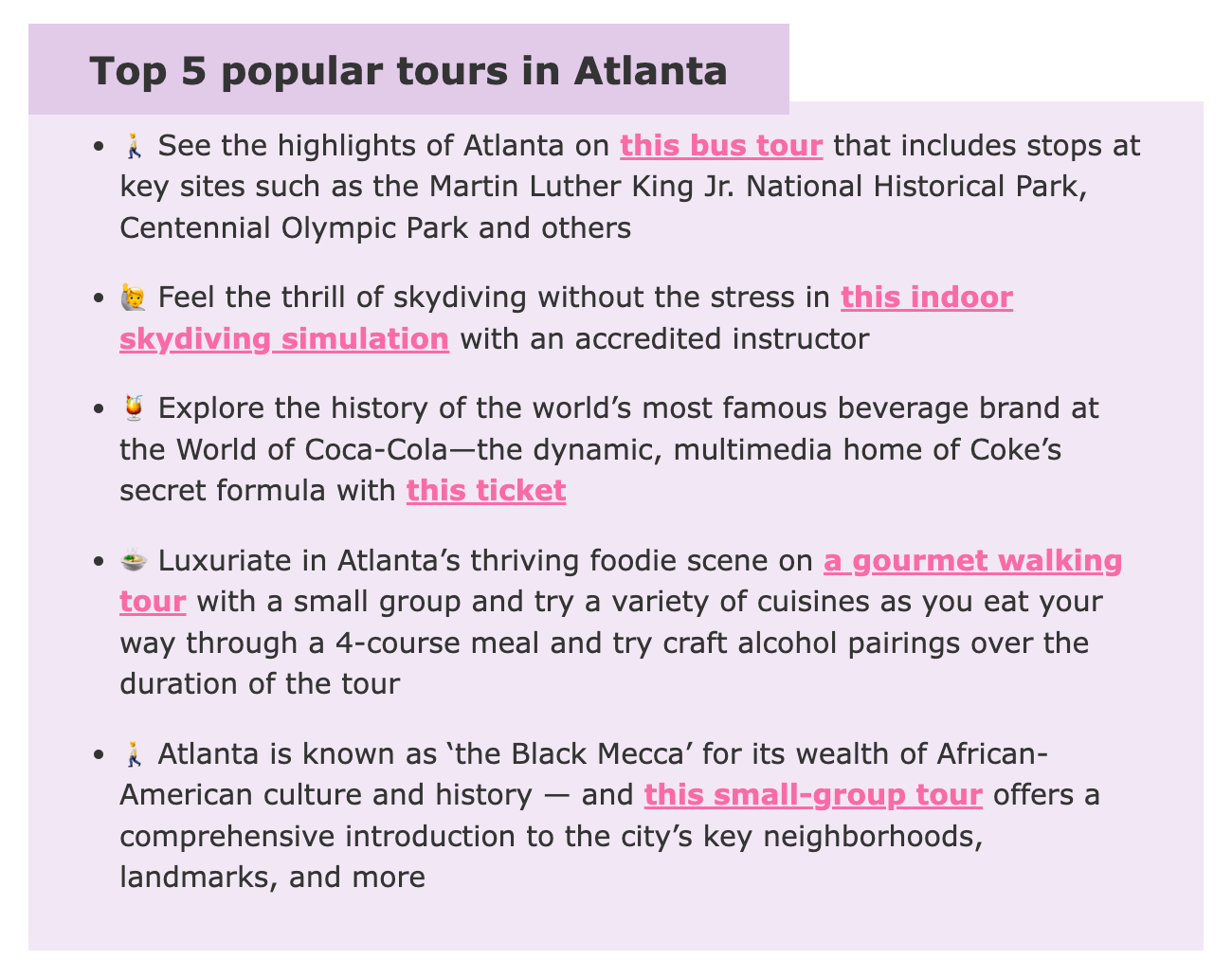 Screenshot displays affiliate links in the article 14 Romantic Things To Do for Couples in Atlanta, Georgia