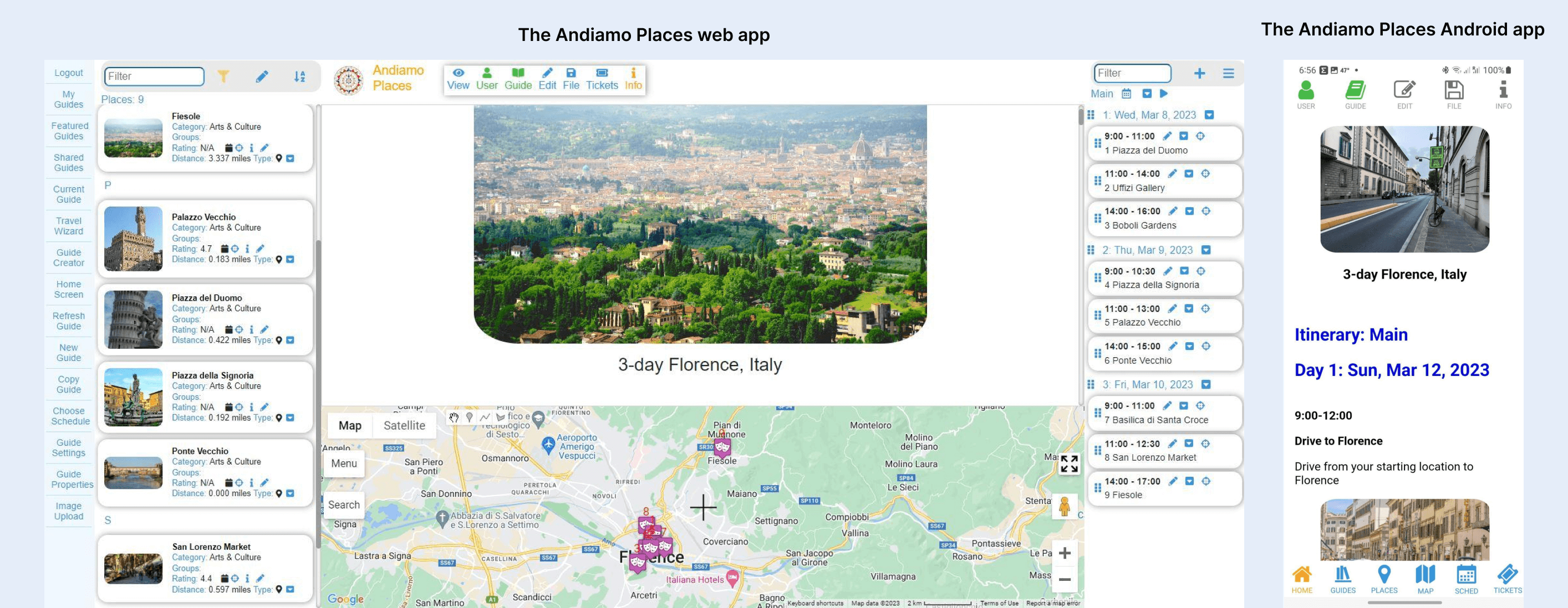 The resulting guide on both the web and mobile versions of the Andiamo Places app