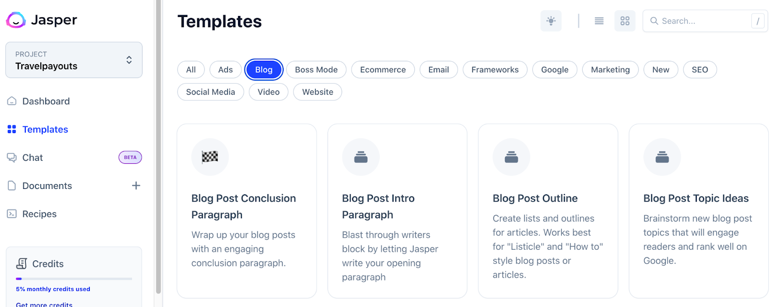 The image displays a webpage on Jasper AI for blog content generation. Shown are four templates to develop Blog Post Conclusion Paragraphs, intro paragraphs, outlines, and topic ideas.