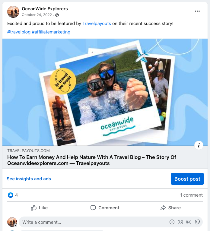 The image displays a screenshot of a Facebook Post with a link to an article conducted by Travelpayouts. The image is meant to show faces on a Facebook post that AI might scan using facial recognition technology.