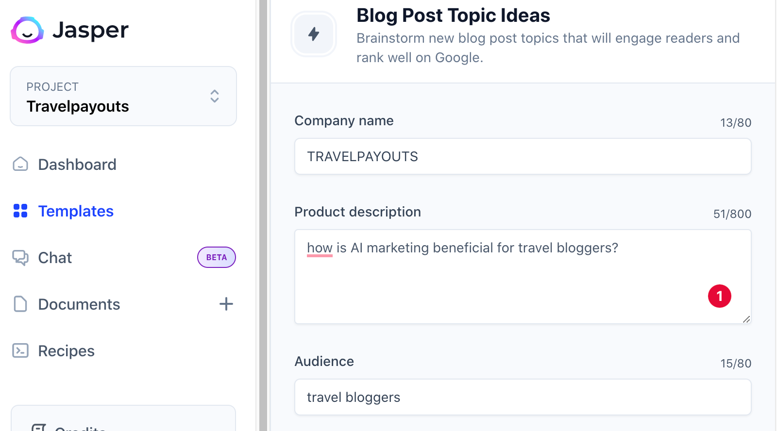 The image displays a template on Jasper.ai used to create blog post topic ideas. With only a few inputs, including a product description asking, “how is AI marketing beneficial for travel bloggers?”