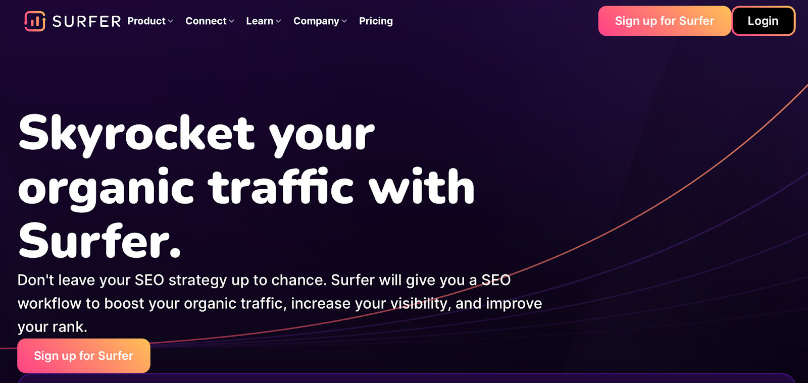 The image displays the Surfer SEO homepage with buttons to sign–up and a statement, “Skyrocket your organic traffic with Surfer.”