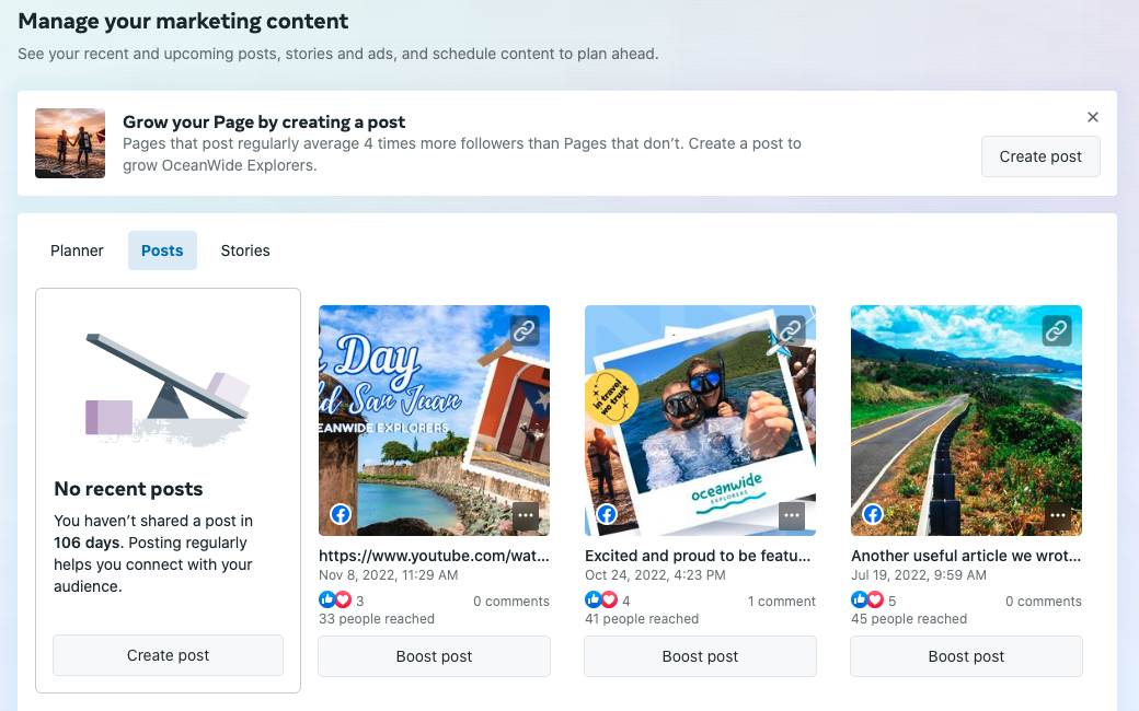 The image displays the Facebook business manager that helps automate posts, create ads, and boost the performance of posts using AI technology.