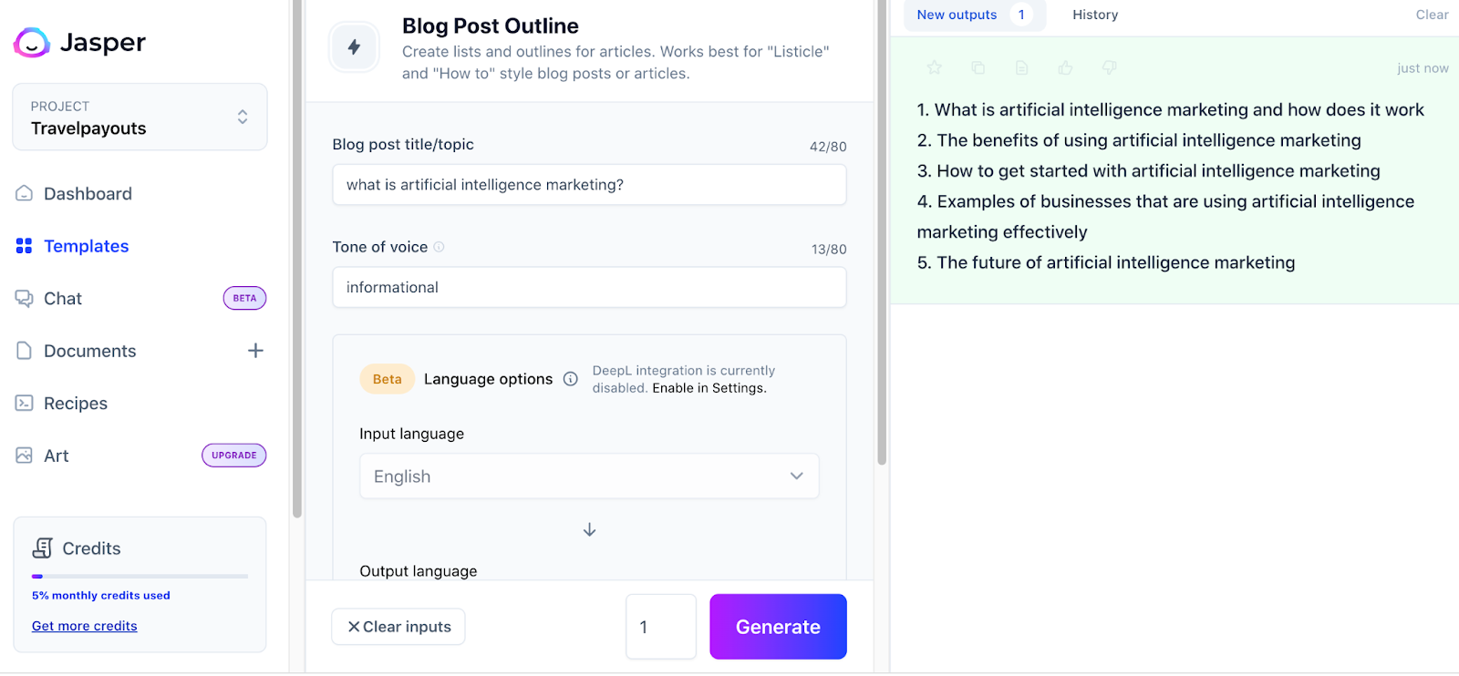 The image displays a blog post outline template for Jasper AI. The center column has input locations where the user entered “what is AI marketing?”. The output section has five bullet points AI produces to help answer that question.