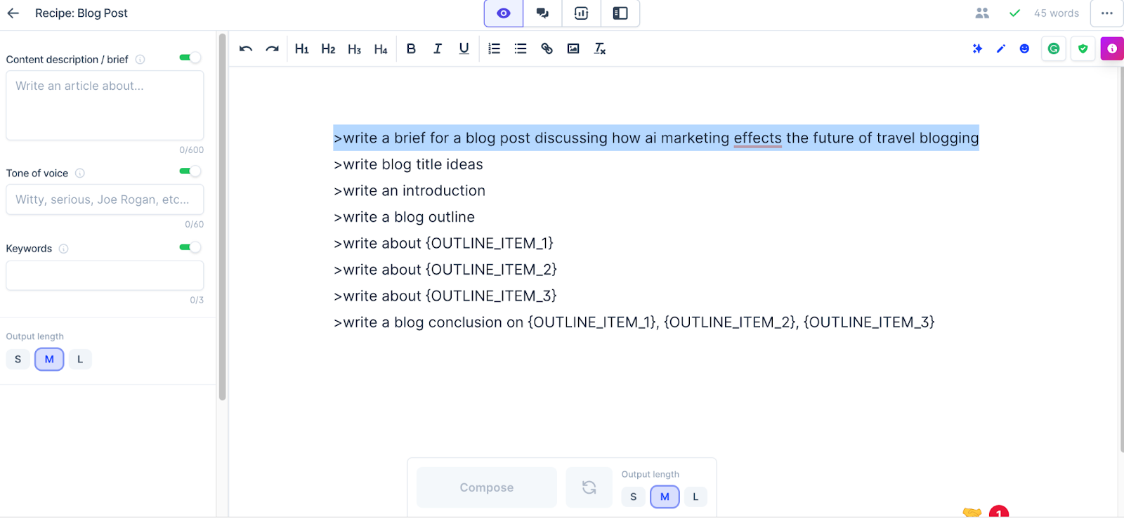 The image displays the document template on Jasper AI to help write a blog post. Inputs included in the document are commands to write a brief, blog title ideas, introduction, outline, and conclusion.