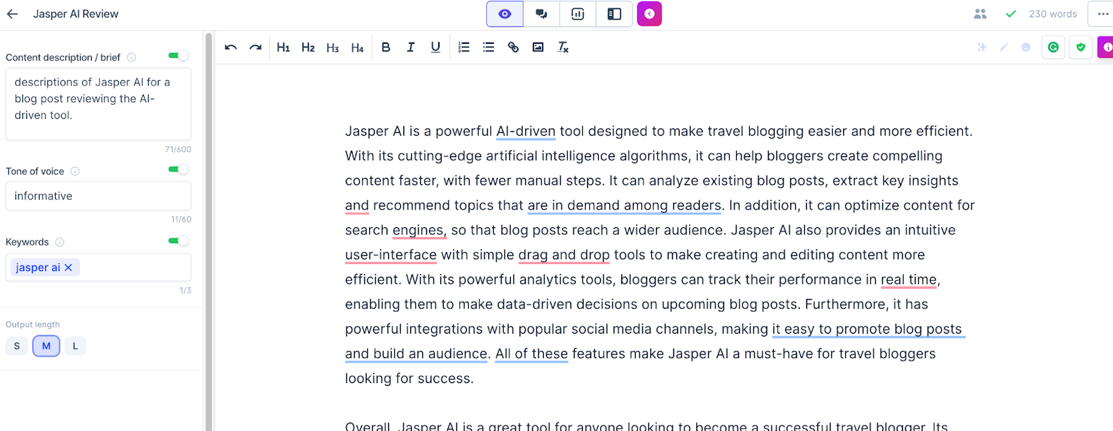 The image displays the content editor in the Jasper interface. I asked to Jasper to describe itself and it wrote a long paragraph that I’ve included just below in the main text of this article.