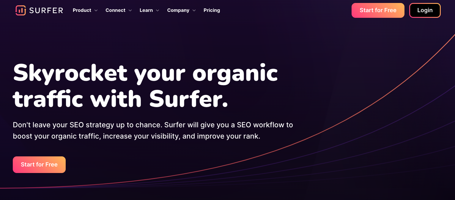 The image displays the homepage for Surfer SEO – one of the top programs used with Jasper. Surfer promises to Skyrocket your organic traffic with a free trial option.