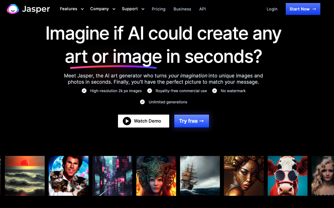 The image displays the webpage for Jasper’s image and art feature. The webpage states “Imagine if Ai could create any art or image in seconds?” with a gallery of examples that Jasper created.