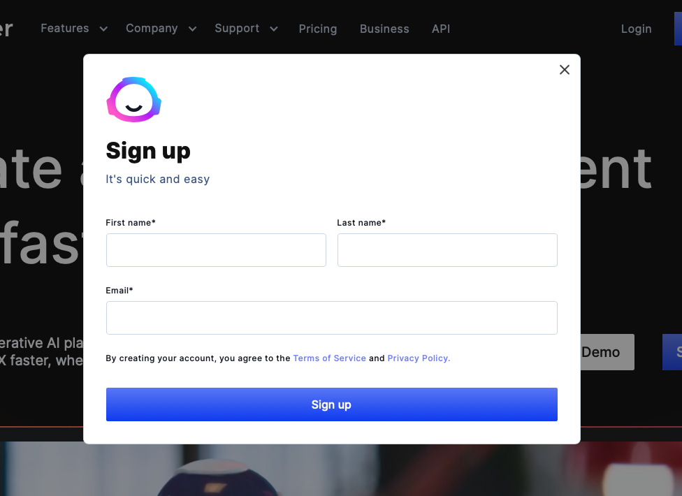 The image displays the sign-up box for Jasper AI stating that it’s quick and easy to do.