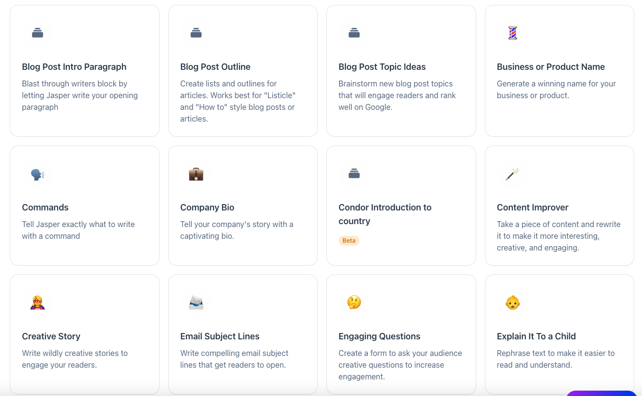Another image with more of the library of templates that Jasper offers its users, including commands, a company bio, engaging questions, creative stories, explain it to a child, blog post outlines, intro paragraphs, and topic ideas.