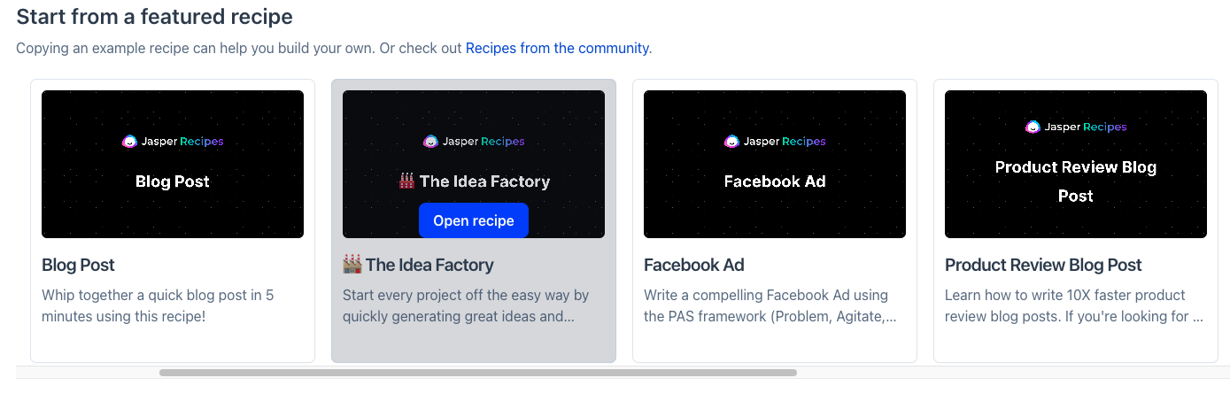 The image shows four recipes on Jasper’s interface, including a blog post, an idea factory, a facebook ad, and a product review blog post.