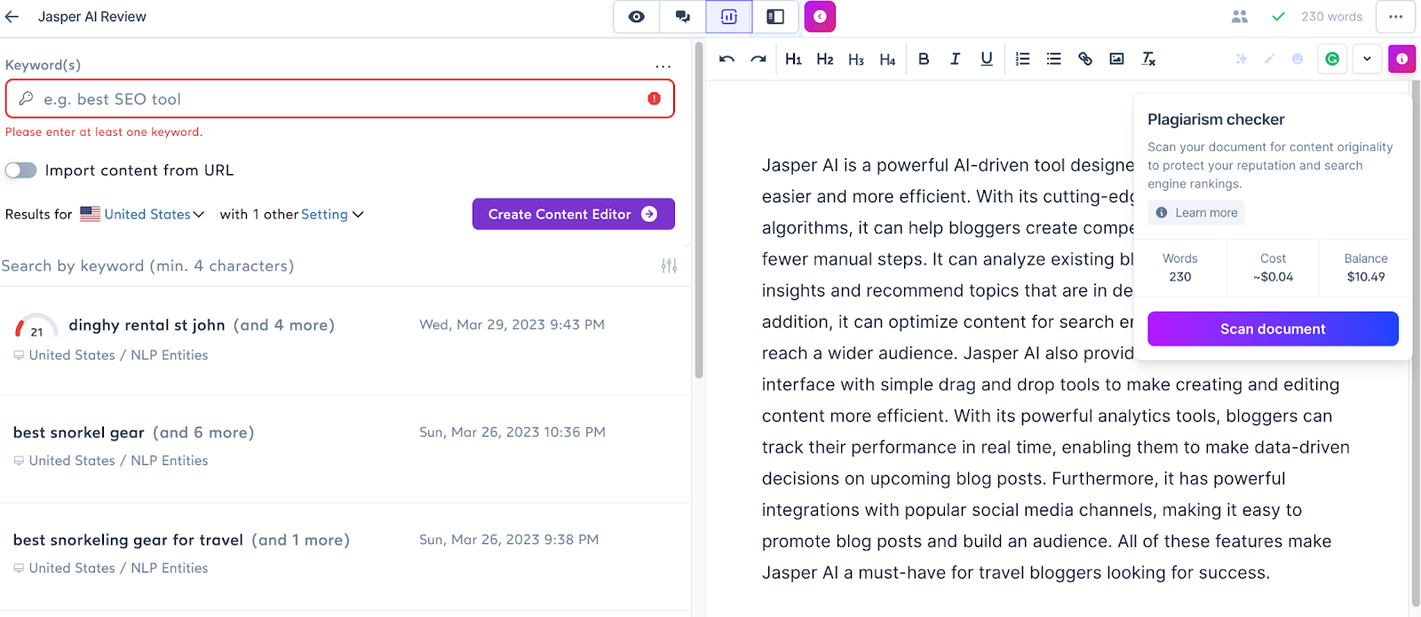 The image displays Jasper’s content editing document next to its integrations with Surfer SEO, Copyscape, and Grammarly.