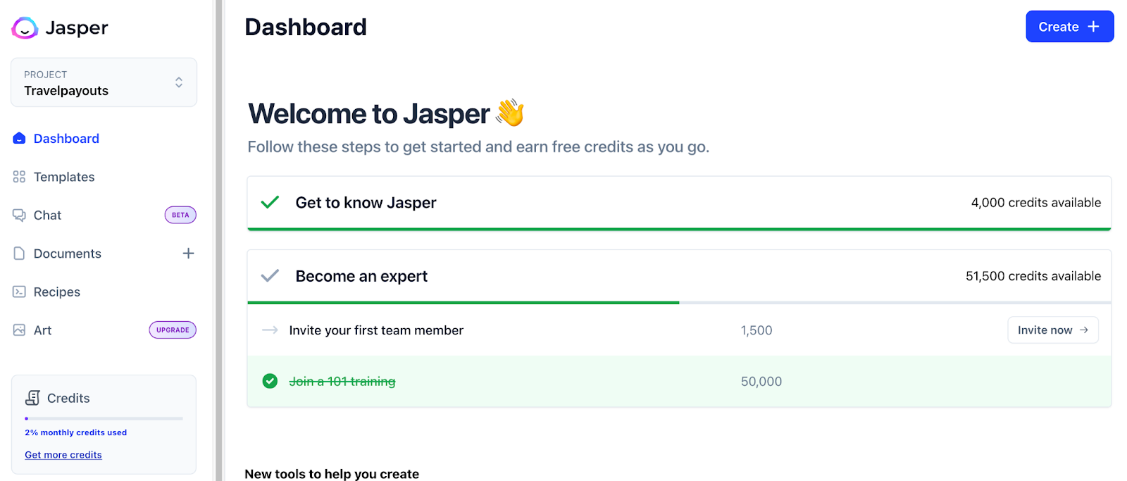 The image displays the user interface and dashboard for Jasper subscribers. The webpage says Welcome to Jasper while offering a menu to navigate the tool, including templates, chat, documents, recipes, and art.