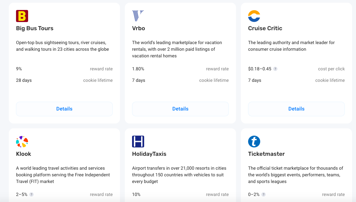 Screenshot with the information for the Big Bus Tours, Vrbo, Cruise Critic, Klook, HolidayTaxis, and Ticketmaster affiliate programs on Travelpayouts.