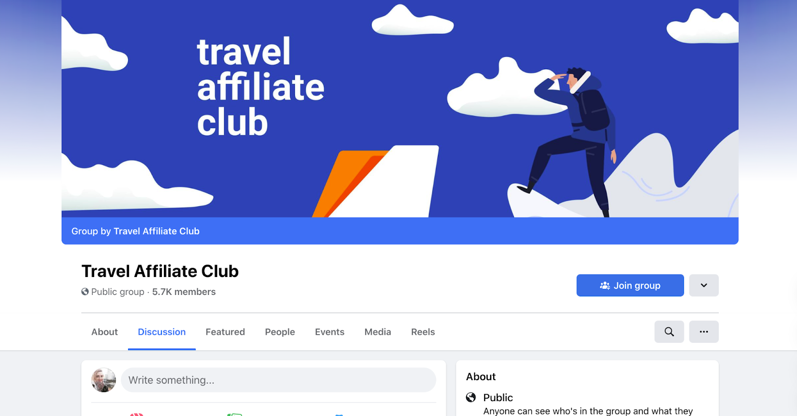 A screenshot of the Travel Affiliate Club Facebook group featuring a cartoon traveler on an iceberg