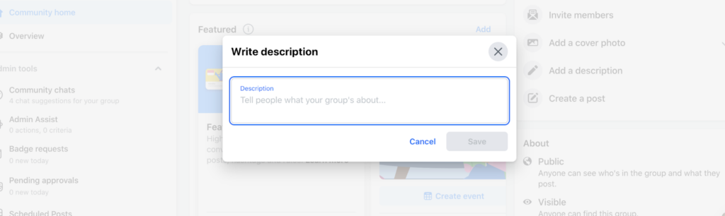  A screenshot of the “Description” section on a Facebook group