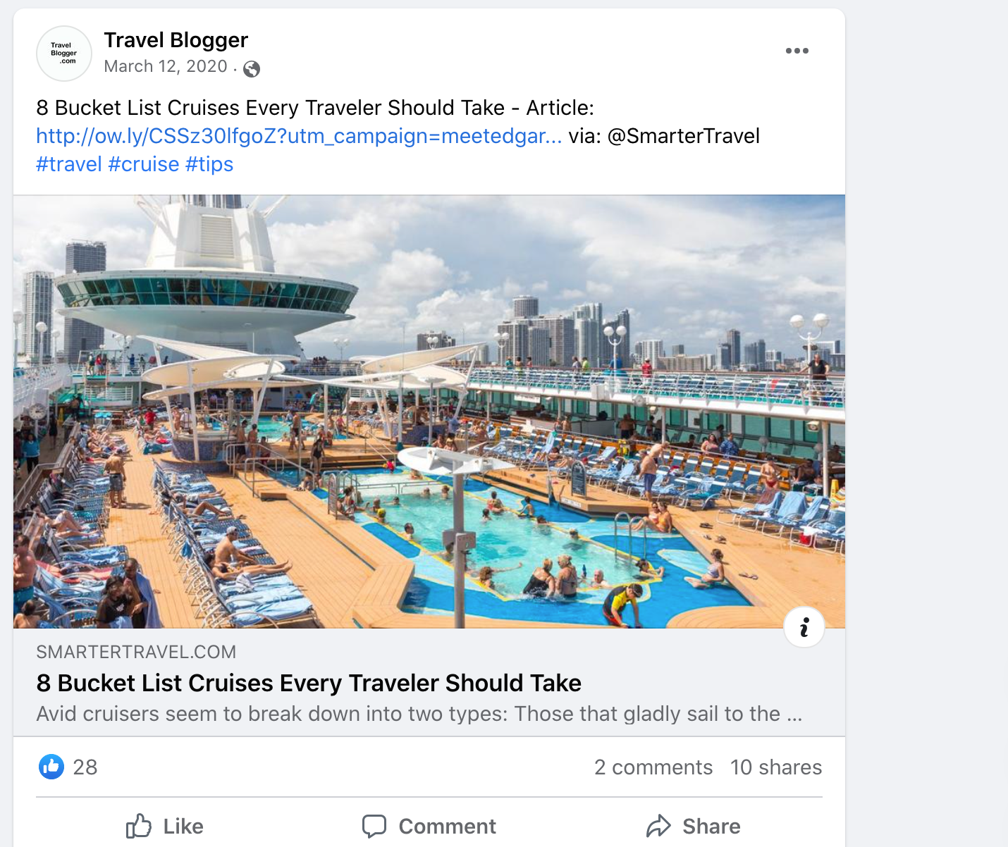 A screenshot of a Facebook post featuring a picture of a cruise ship and hashtags in the post