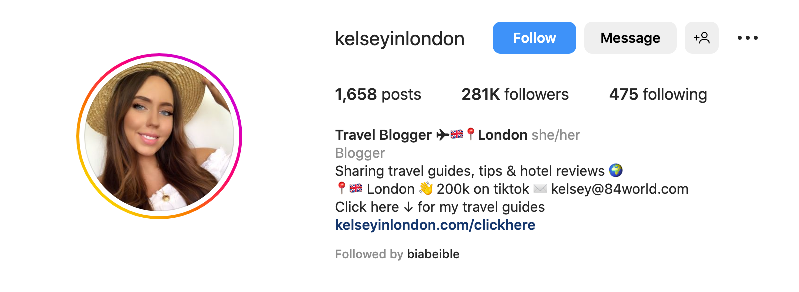 A screenshot of the kelseyinlondon Instagram bio section